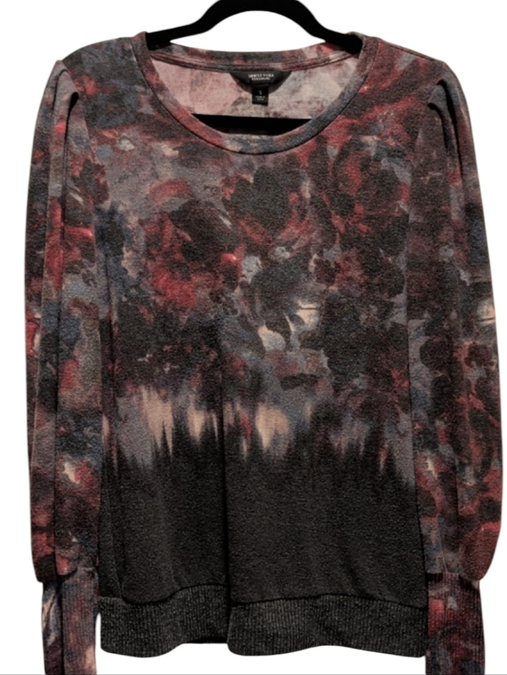 Simply Vera Vera Wang Black, Burgundy & Gray Floral Tie-Dye Long Sleeve Top